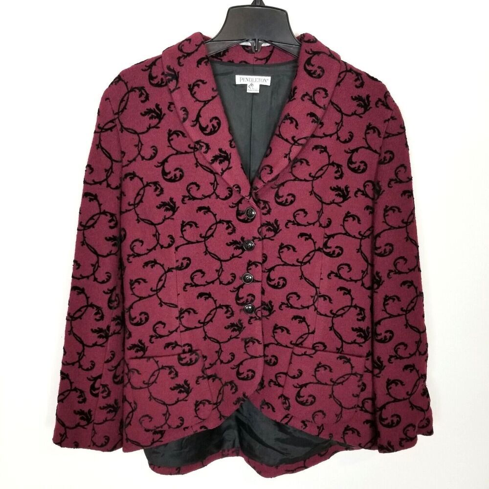 Pendleton Women Blazer Wool Blend Sz L Button Up Embroidered Maroon Black Office